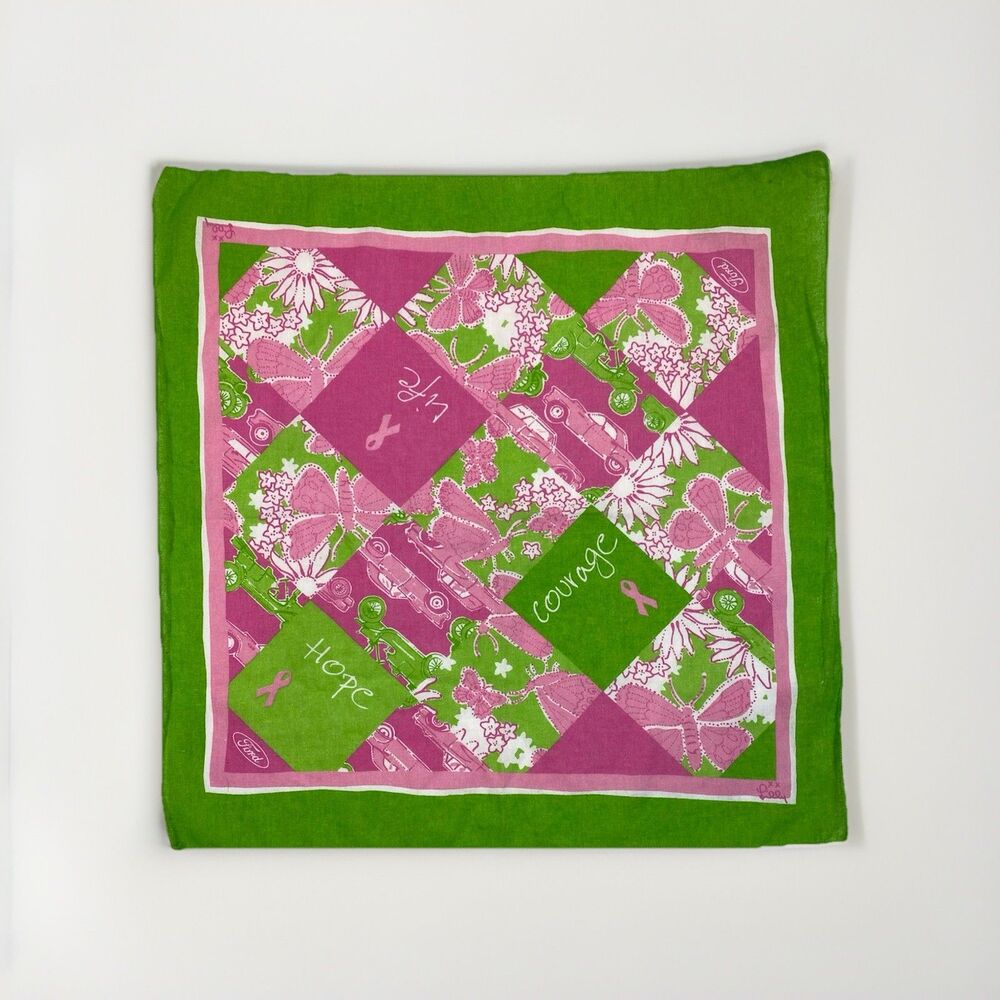 Lilly Pulitzer X Ford Pink & Green Breast Cancer Bandana Scarf Square Butterfly